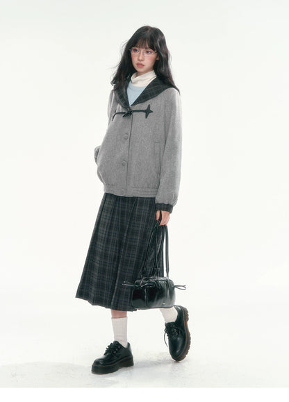 [CAN] Navy Plaid Pleated A-Line Midi Skirt