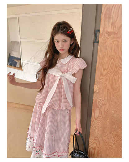 [RF] “Pink Camellia” Cherry Red Plaid Bow Two-Piece Set