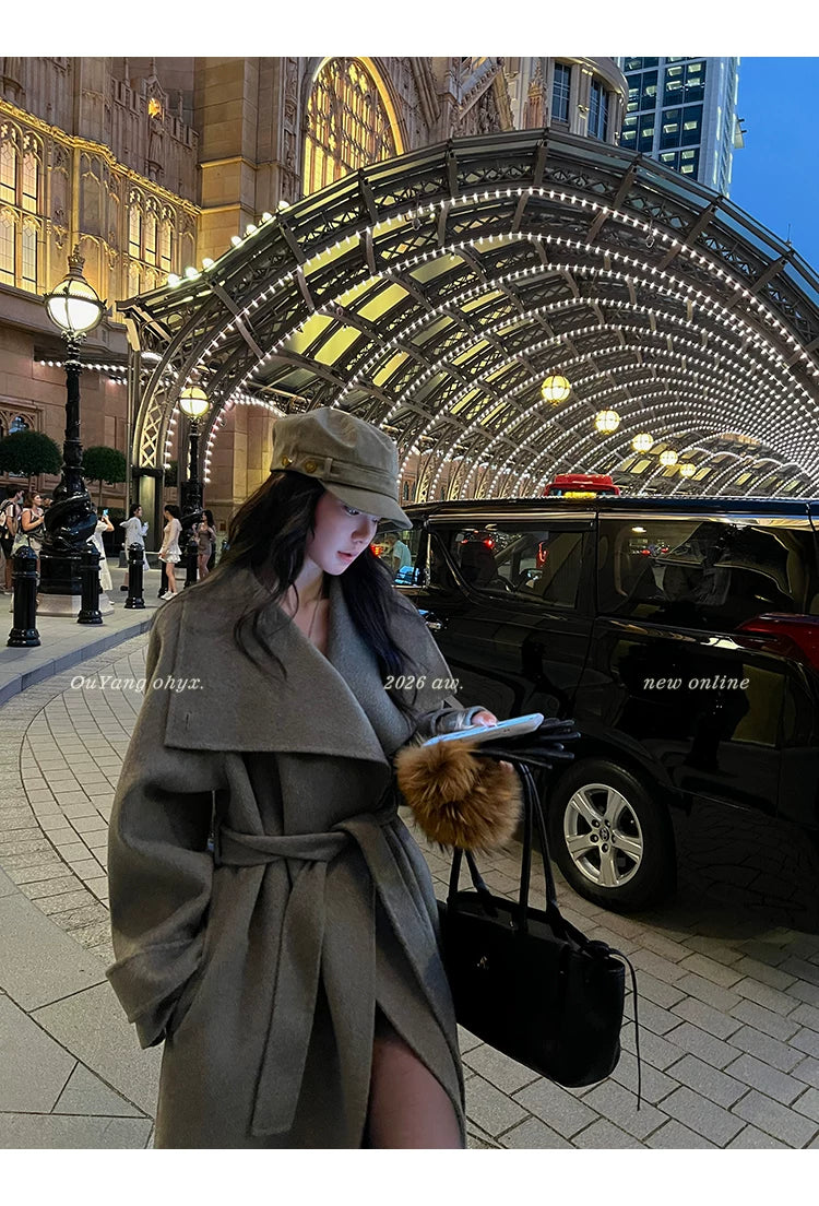 QuQuOuYang - 100% Wool Double-Face Belted Coat with Convertible Collar