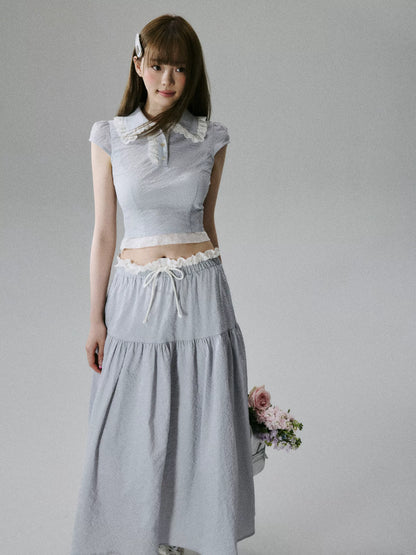 LOST FOREST - Gray Blue Fitted Top & Low-Waist Skirt Set