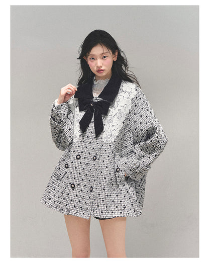 少也眼 “Soft-Focused Moment” Black Tweed Lace Jacket 975642