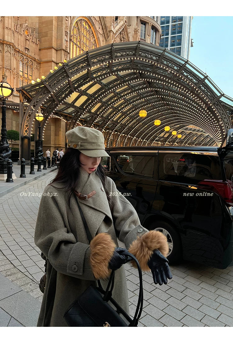 QuQuOuYang - 100% Wool Double-Face Belted Coat with Convertible Collar
