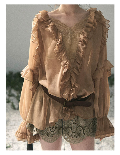 “Whispers of the Wind” Ash Caramel Lace Chiffon Blouse (With Belt)