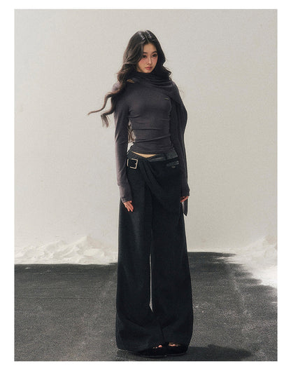 少也眼 "Essential Muse" Deep Slate Gray Cropped Long-Sleeve Knit Top