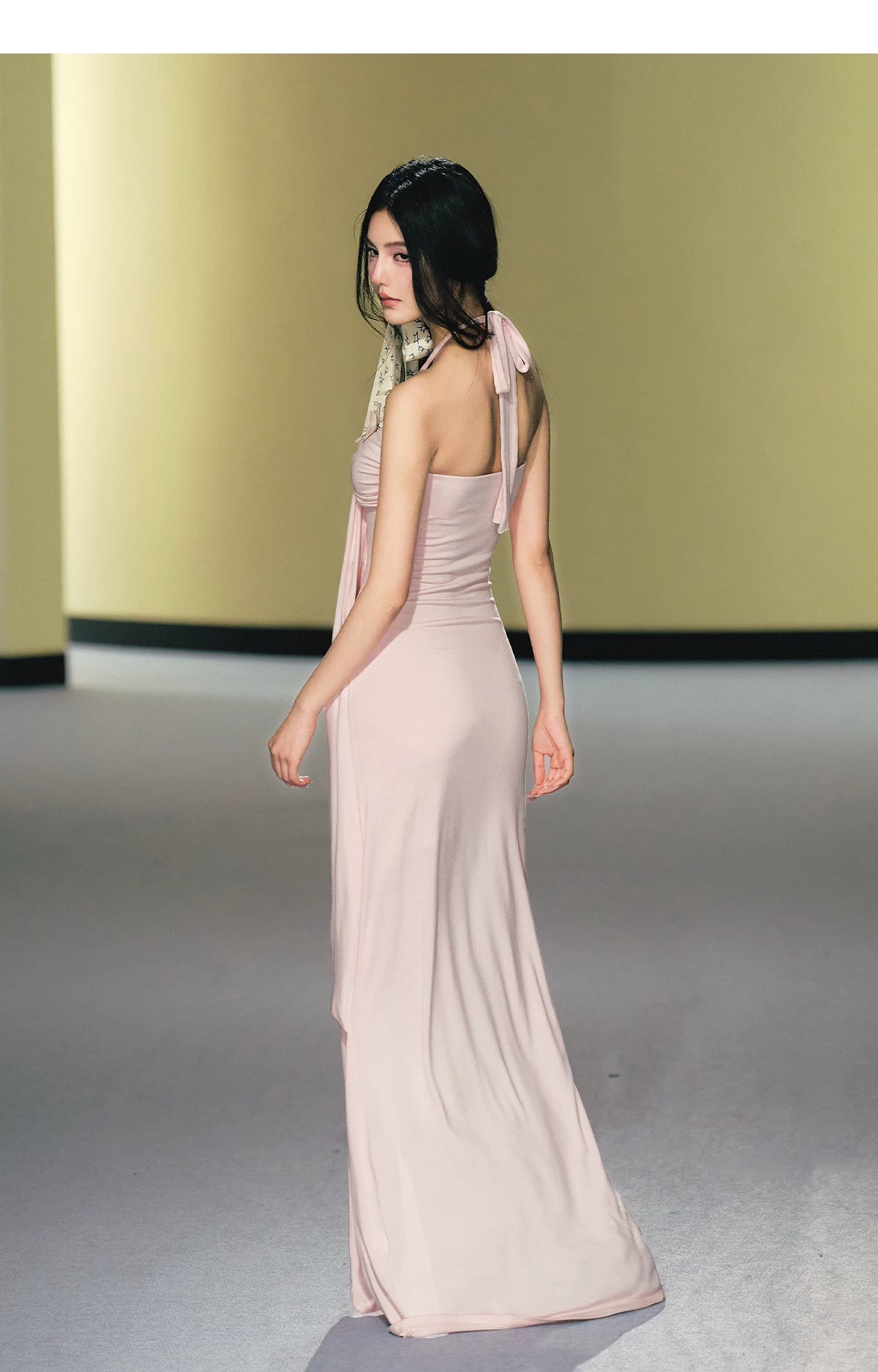 "Moonlit Reverie" Halter Layered Maxi Dress (Black/ Blush Pink)
