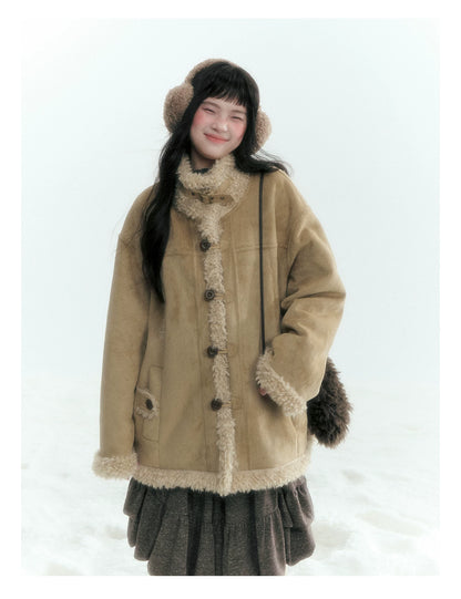 Horridale - Vintage Tan Suede-Effect Sherpa-Lined Stand Collar Jacket