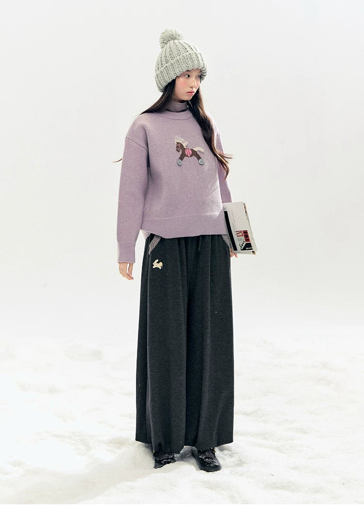"Bunny Tea Party" Fleece-Lined Balloon Wide-Leg Pants (Hazelnut Brown/ Midnight Gray)
