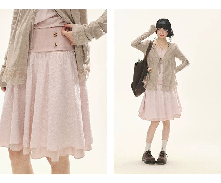 "Roasted Tea Heart" Milk Tea Faux-Layer Lace Cardigan & Skirt Set