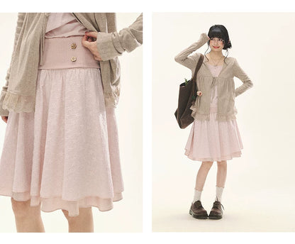 "Roasted Tea Heart" Milk Tea Faux-Layer Lace Cardigan & Skirt Set