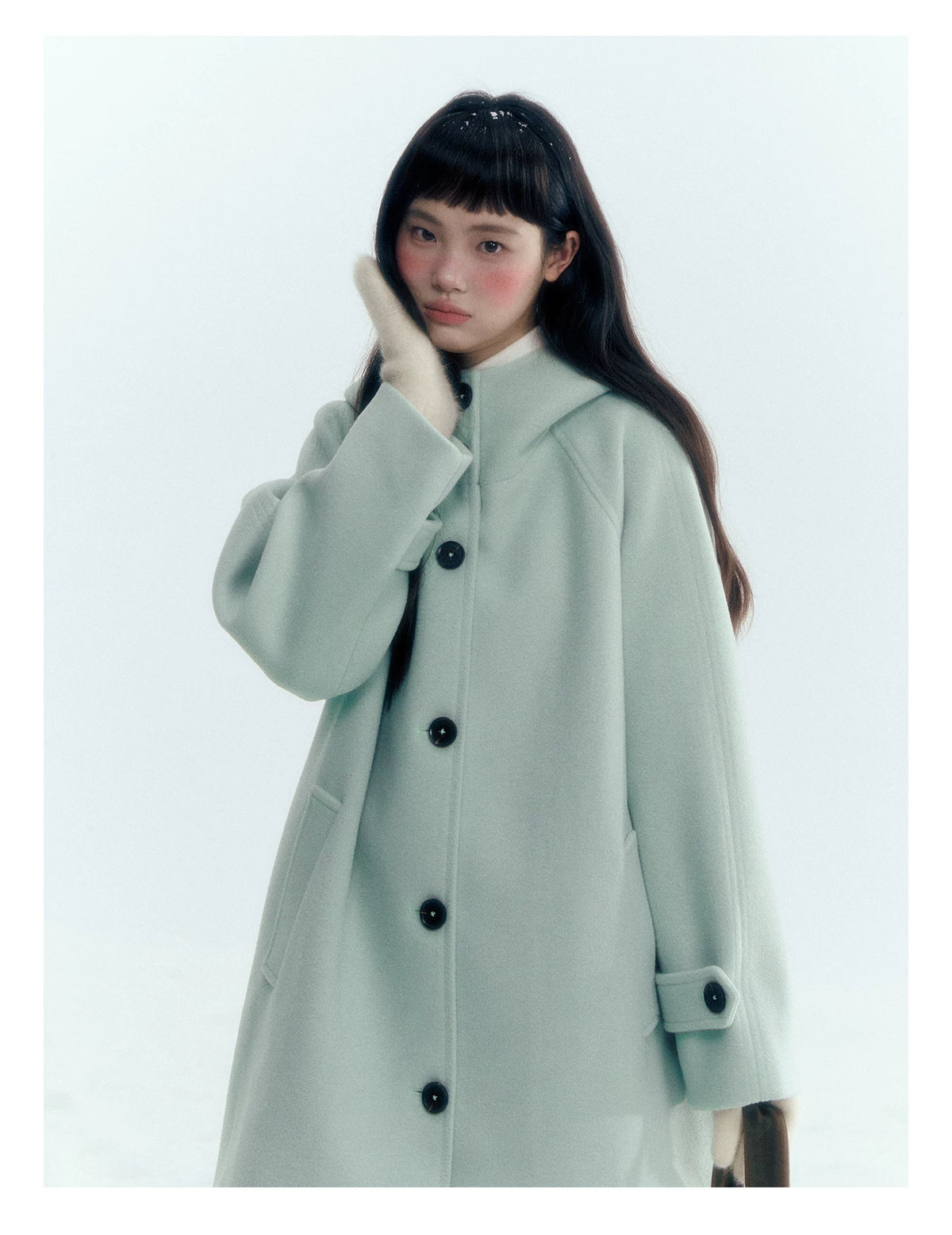 Pale Aqua Green Hooded Cocoon Wool-Blend Coat