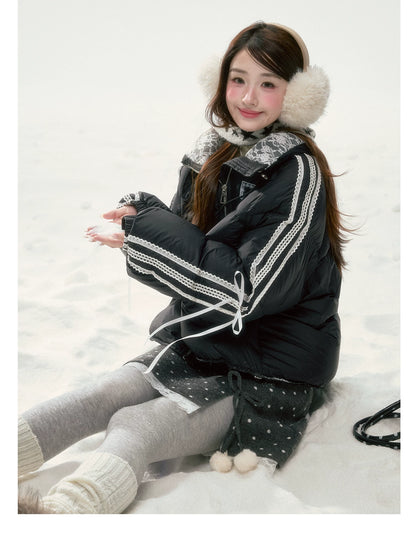 BIBIBENCY - Black Lace-Trimmed 90% White Duck Down Puffer Jacket