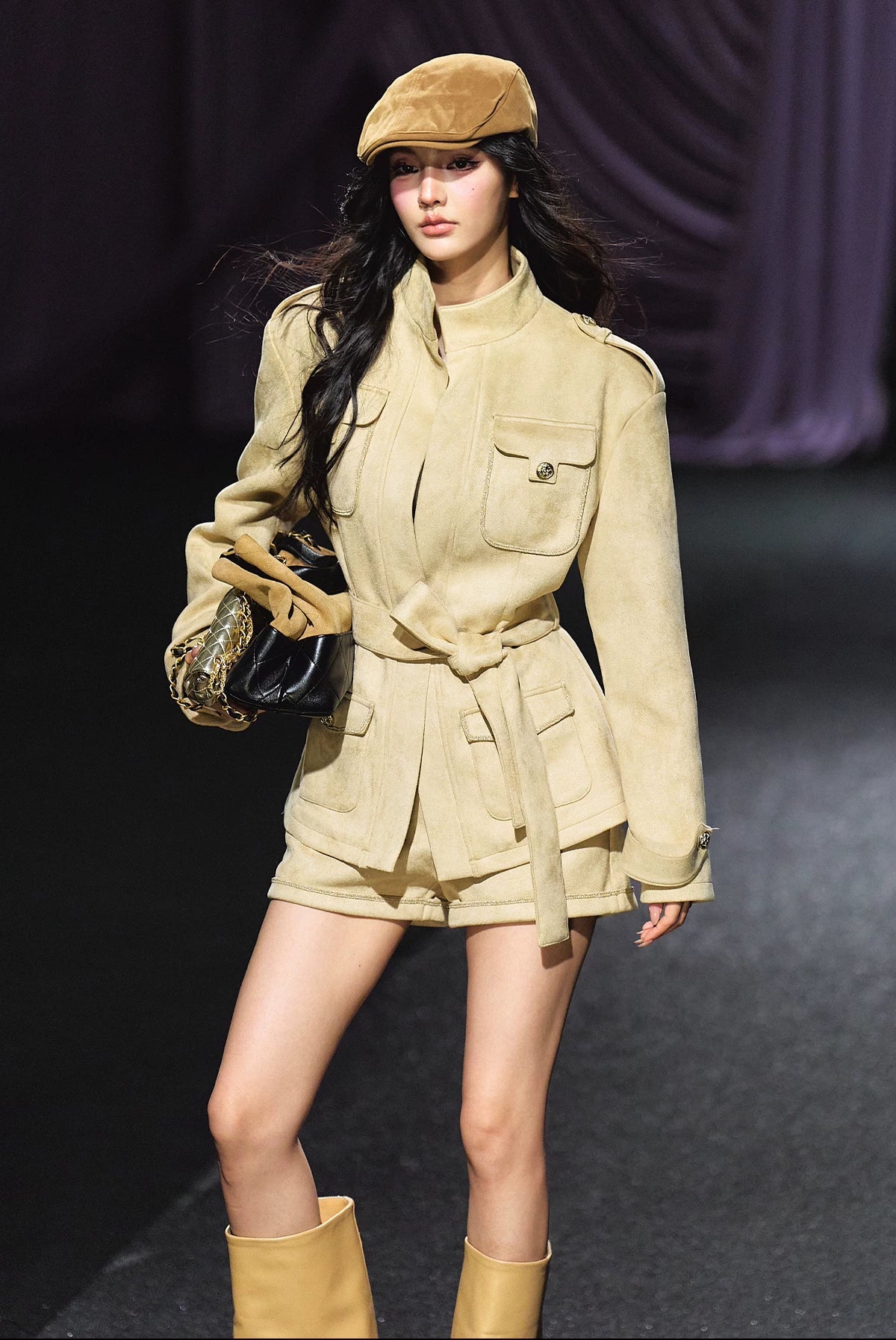 "Golden Dune" Khaki Faux Suede Jacket & Tailored Shorts Set