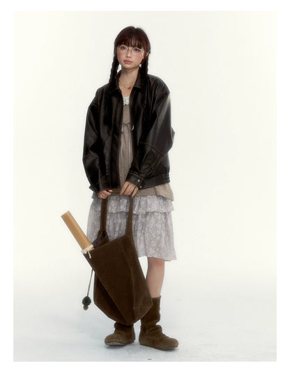 “Cloud Pleats” Chestnut Mist U-Neck Bow-Tie Puff Sleeve Knit Sweater