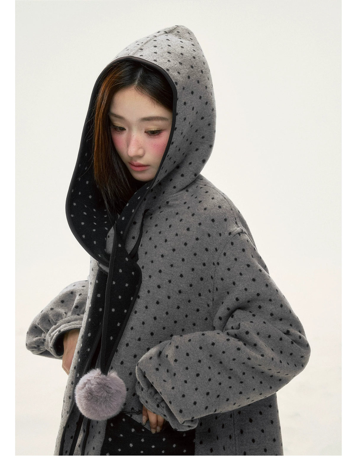 BIBIBENCY - Gray & Black Reversible Polka Dot Wool-Look Coat