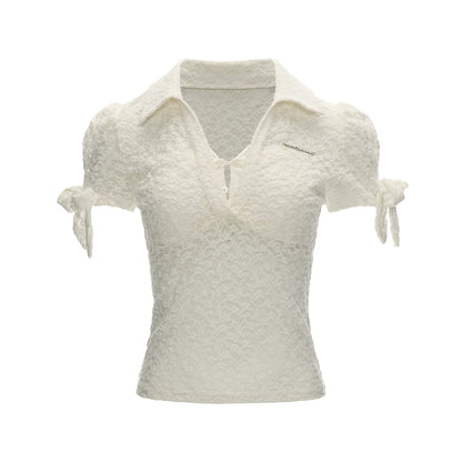 White Lace Bow Puff Sleeve Layered Polo Top