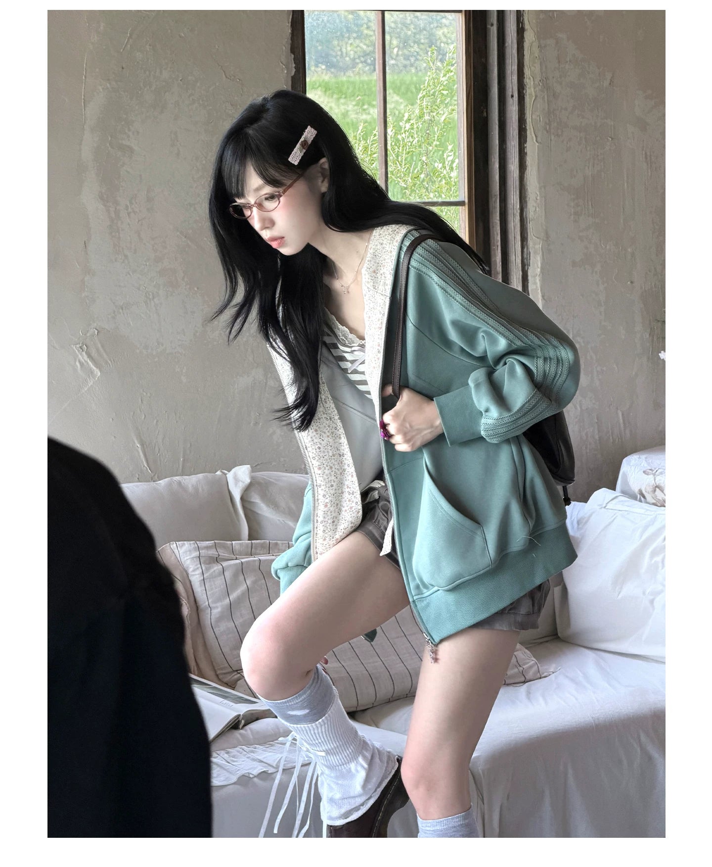 "Sage Whisper" Floral Layered Collection (Hoodie / Lace Cami / Bubble Shorts)