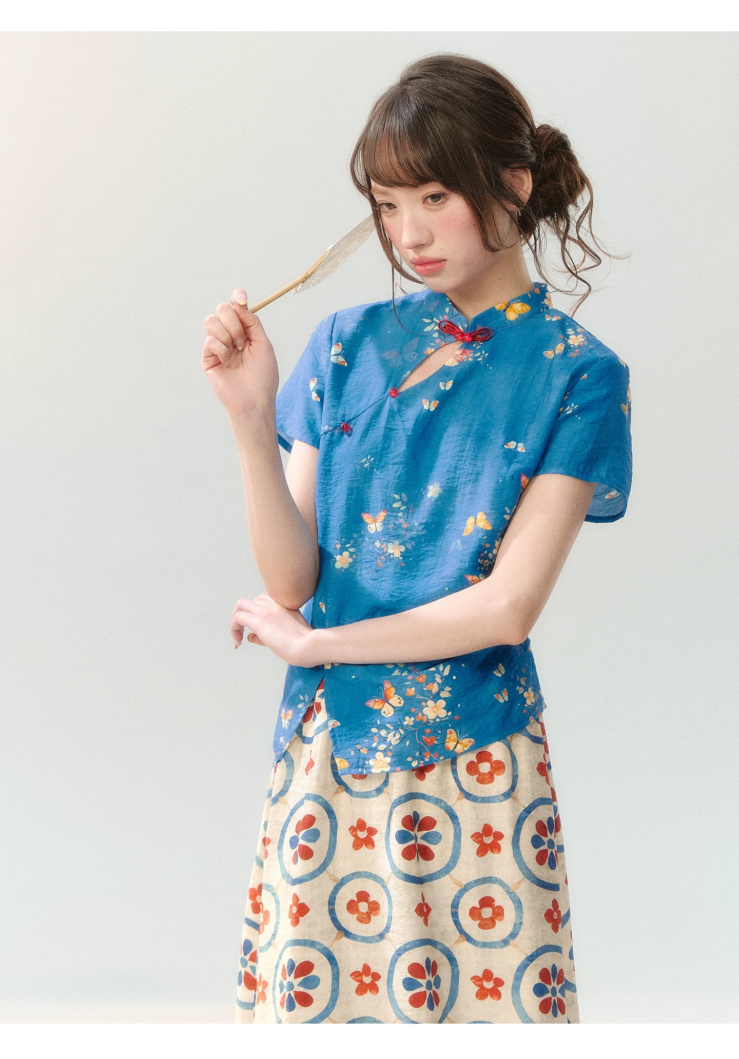 "Garden Letter" Blue Floral New Chinese Two-Piece Skirt Set