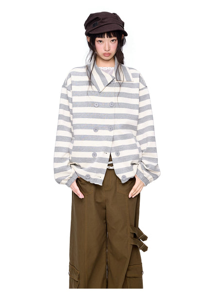 EZEK | Striped Asymmetrical Collar Cardigan Sweatshirt with Double-Breasted Buttons