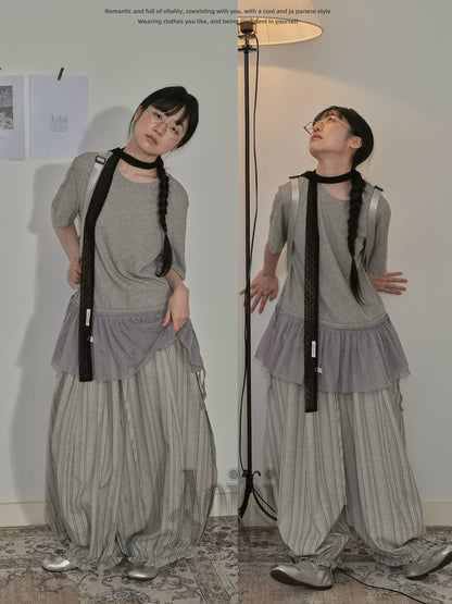 "Vintage Drift" Gray Striped Balloon Wide Leg Trousers