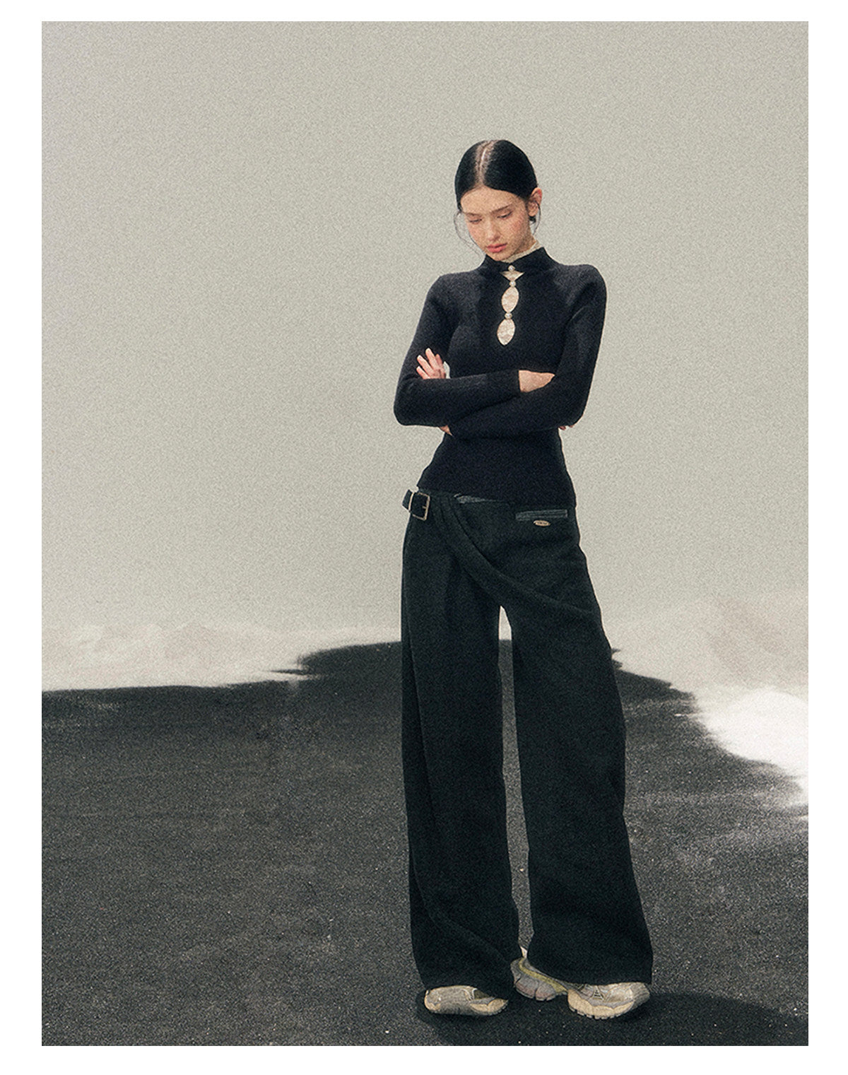 040126 "Lacewoven Dream" Mock Neck Layered Lace Knit Top - Obsidian Black