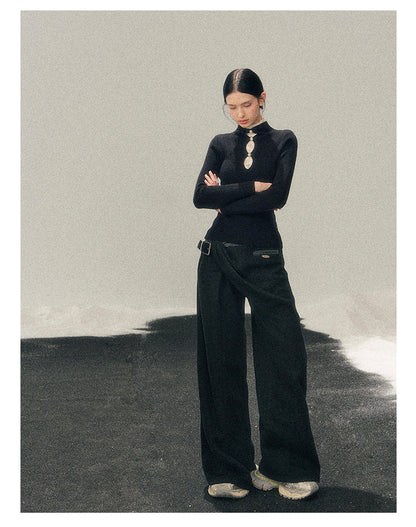 040126 "Lacewoven Dream" Mock Neck Layered Lace Knit Top - Obsidian Black