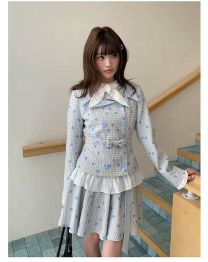“Bluebell Letter” Light Blue Plaid Blazer Top & Ribbon Skirt