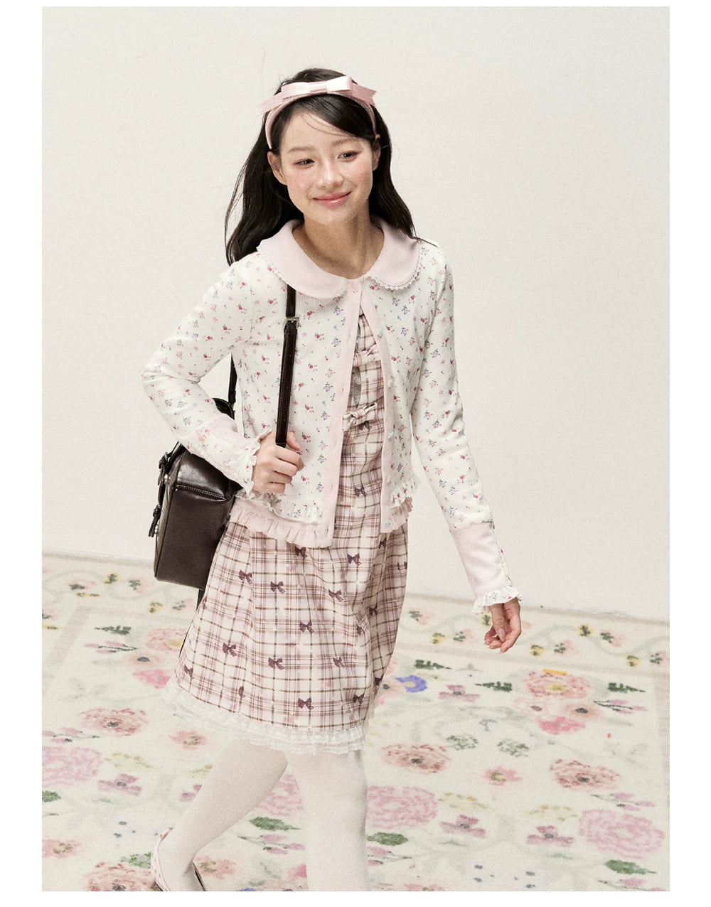 [RF] Waffle Texture Peter Pan Collar Floral Cardigan in Soft Pink