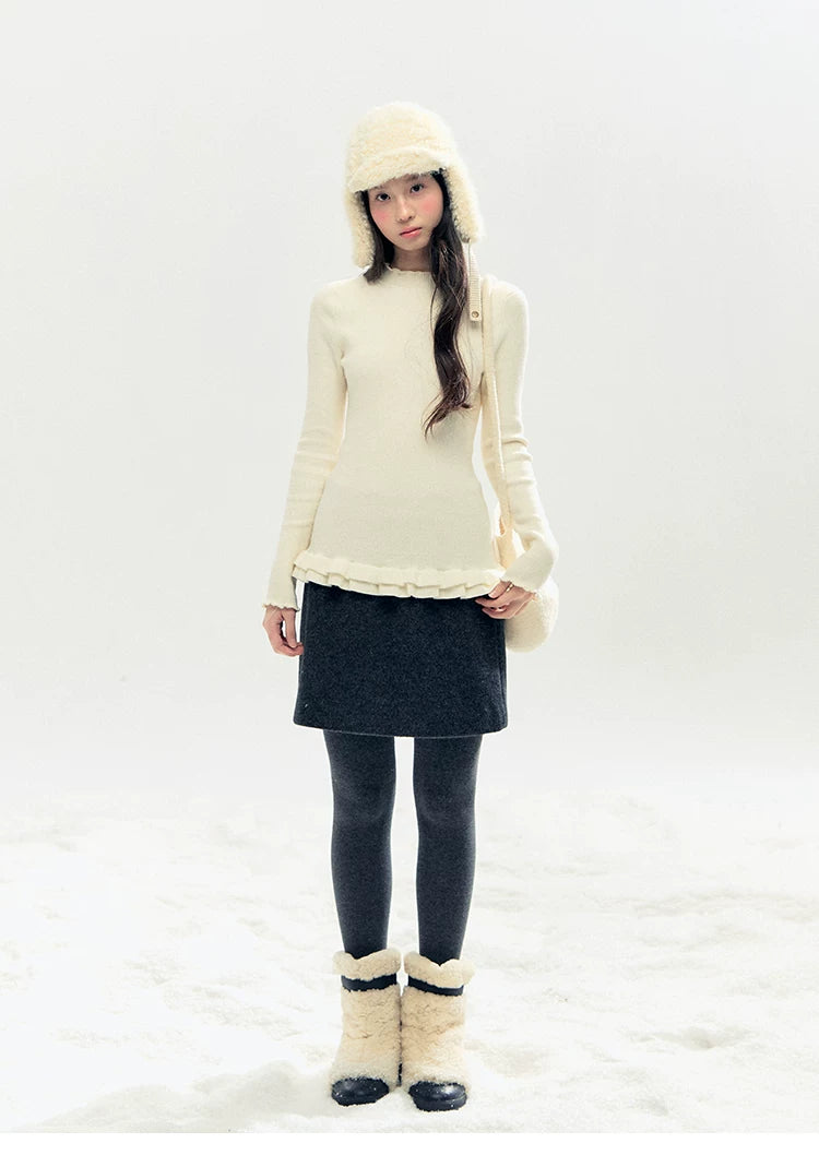 "Soft Whisper" Ruffle Mock Neck Ribbed Knit Top (Ivory/ Smoky Gray)
