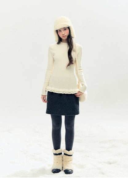 "Soft Whisper" Ruffle Mock Neck Ribbed Knit Top (Ivory/ Smoky Gray)