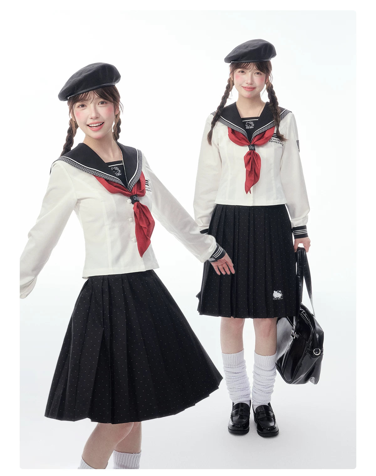 Slim-Fit Preppy Style Set - Sailor Collar Shirt / Front Box-Pleat Skirt / Polka Dot Skirt