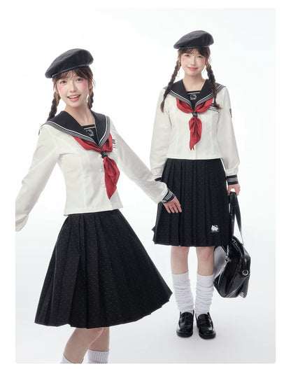 Slim-Fit Preppy Style Set - Sailor Collar Shirt / Front Box-Pleat Skirt / Polka Dot Skirt
