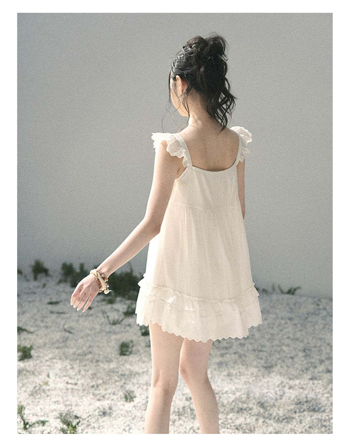 "Shimmer Along the Hem" Cloud White Lace Flutter Sleeve Babydoll Mini Dress 53413