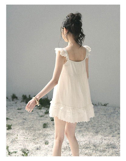 "Shimmer Along the Hem" Cloud White Lace Flutter Sleeve Babydoll Mini Dress 53413