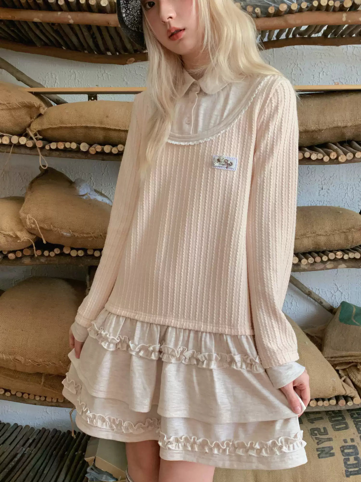 RF - Light Pink Faux Two-Piece Knit Dress with Lace Collar and Ruffle Hem