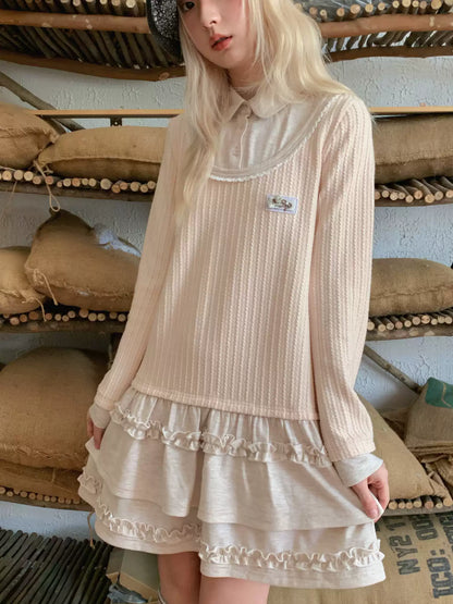 RF - Light Pink Faux Two-Piece Knit Dress with Lace Collar and Ruffle Hem