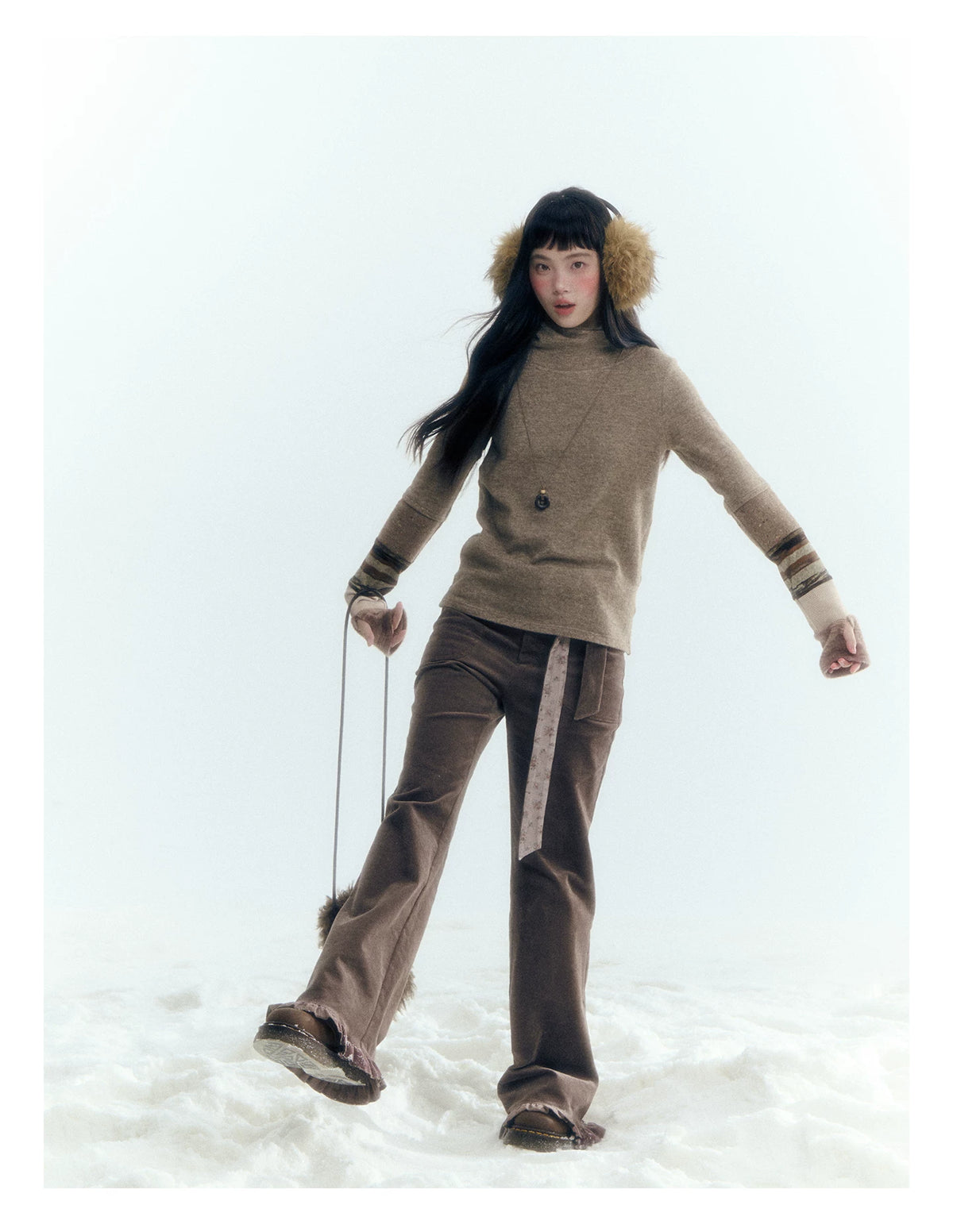Horridale - Milk Tea Brown Floral Belt Corduroy Flare Pants