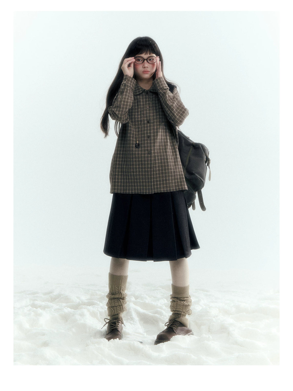 Horridale - Brown Khaki Plaid Embroidered Peter Pan Collar Shirt