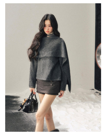 少也眼 "When Clarity Falls" Dusk Gray Layered Shawl Knit Sweater