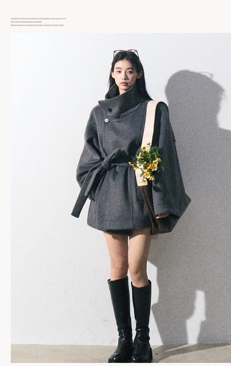 OAKMOO/ "The Breath of Time" Classic Gray Wool-Blend Belted Short Coat