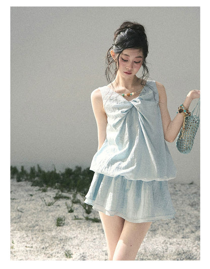 “Whispering Grass” Moonlight Blue Twist Mini Dress