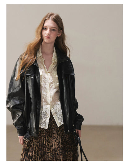 AOMALM - "Solo Journey" Quiet Black Oversized PU Moto Jacket