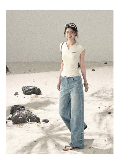 "Letter from the Tides" Cheese White Faux Two-Piece Lace Waist-Fit Crop Top 452436