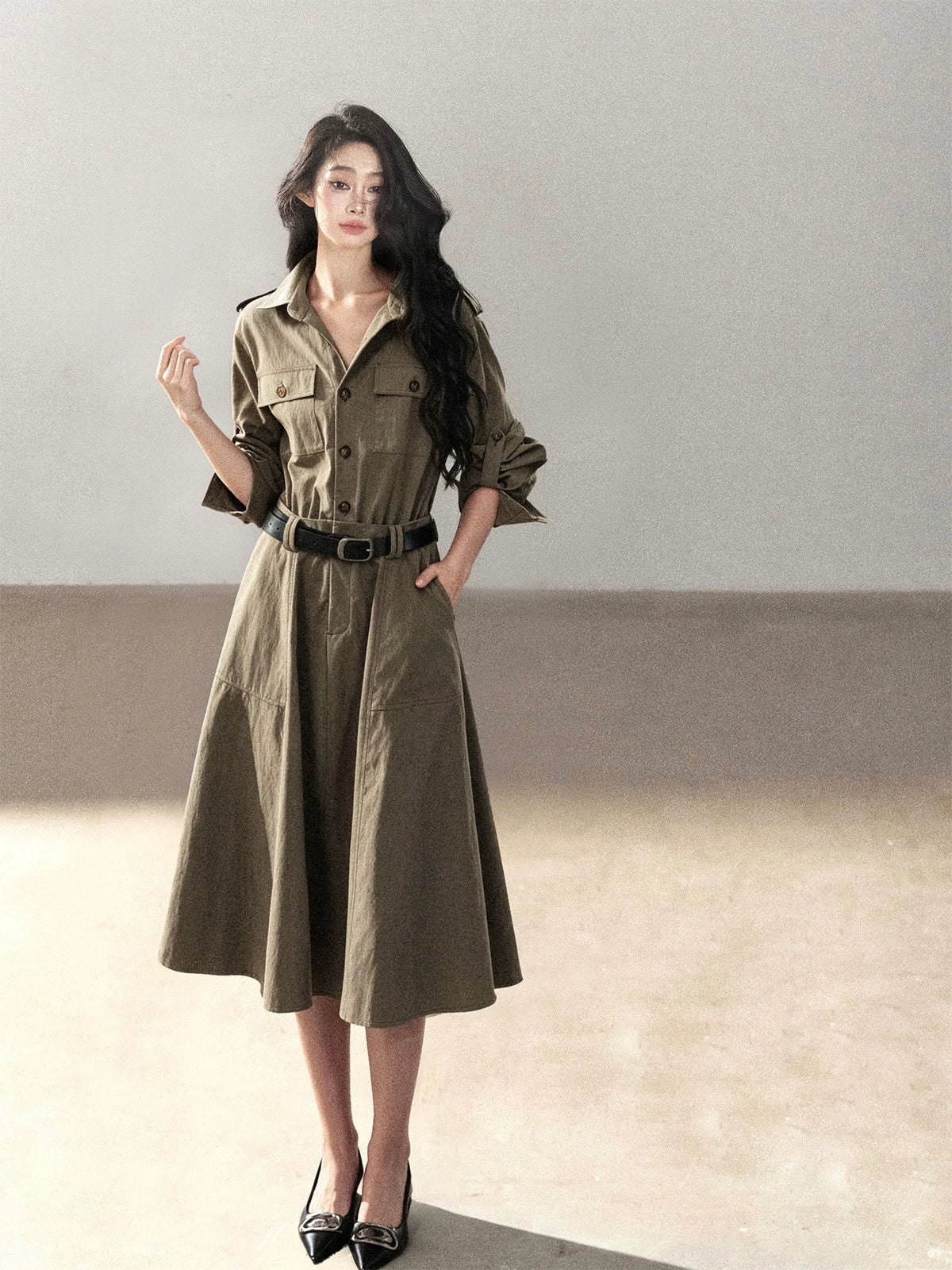 AOMALM - Sandstone Brown Utility Polo Shirt Dress with Belt