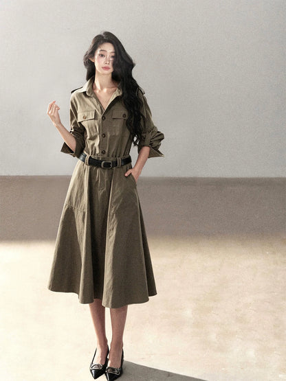 AOMALM - Sandstone Brown Utility Polo Shirt Dress with Belt