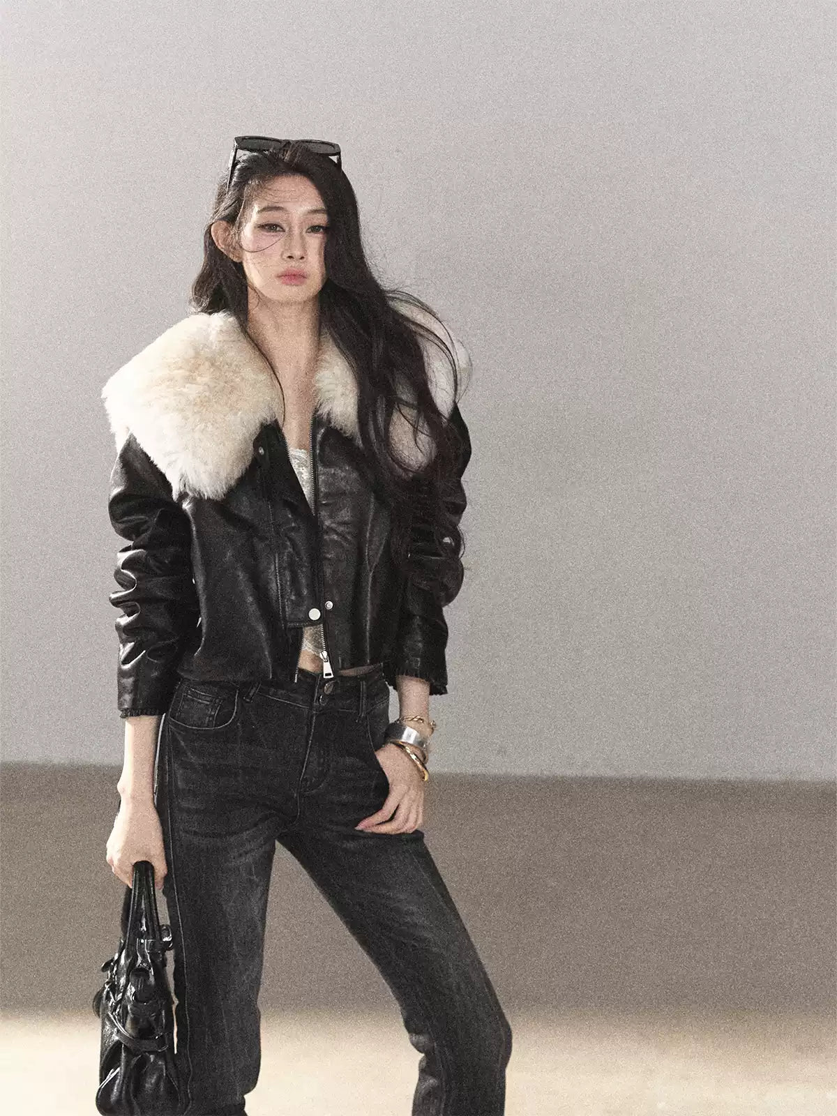 AOMALM - Black Lambskin Leather Goose Down Jacket