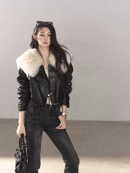 AOMALM - Black Lambskin Leather Goose Down Jacket