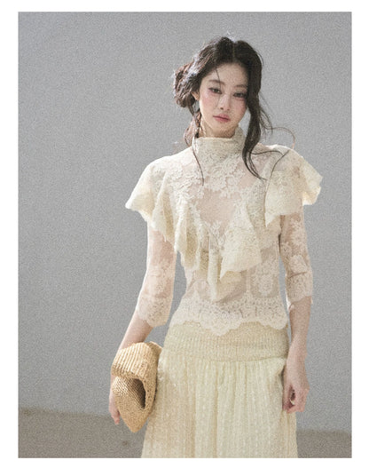 "Translucent Bloom" Dutch Cheese Lace Cropped Top