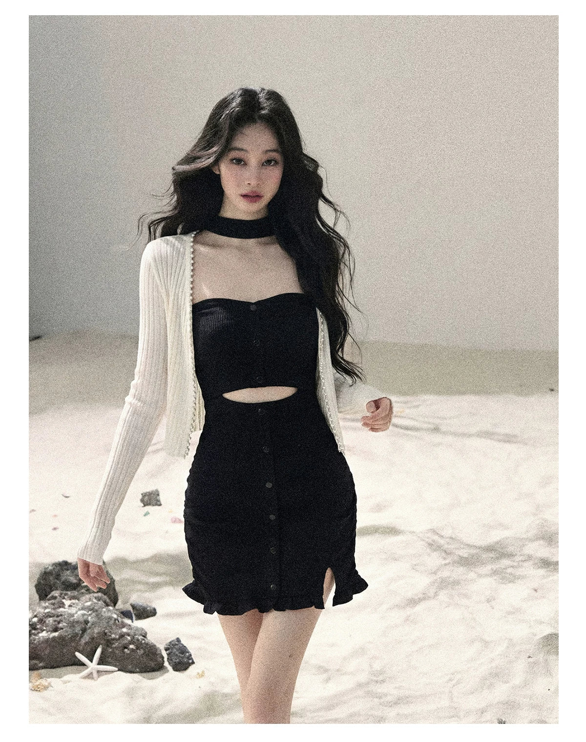 "Between Light and Shadow" Midnight Black Halter Knit Bodycon Mini Dress