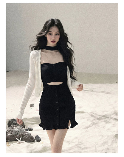 "Between Light and Shadow" Midnight Black Halter Knit Bodycon Mini Dress