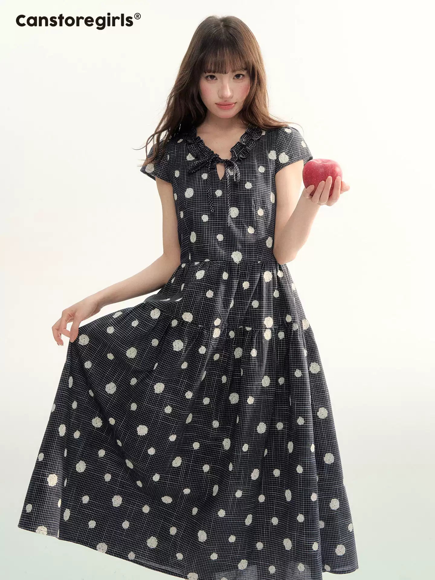 Navy Polka Dot Plaid Tie-Waist A-Line Dress LL2026095